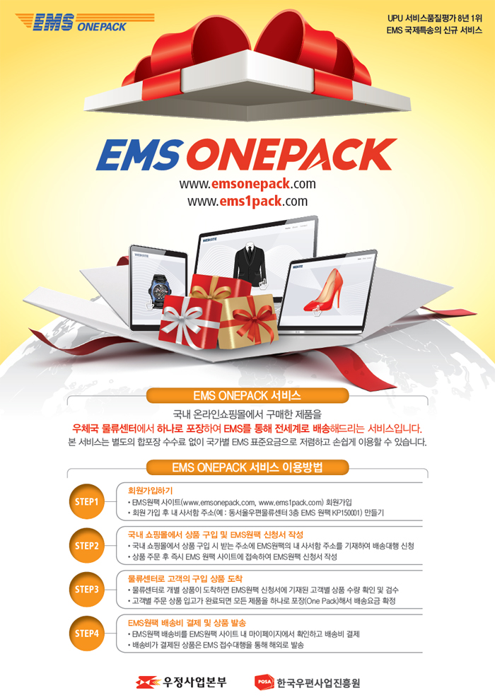 ems onepack(합포장) 서비스 시행안내,국내 온라인쇼핑몰에서 구매한 상품을 우체국 물류센터에서 하나로 포장하여 EMS를 통해 전세계로 배송해드리는 서비스 입니다.