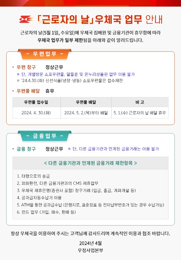 근로자의 날 우체국 업무 안내