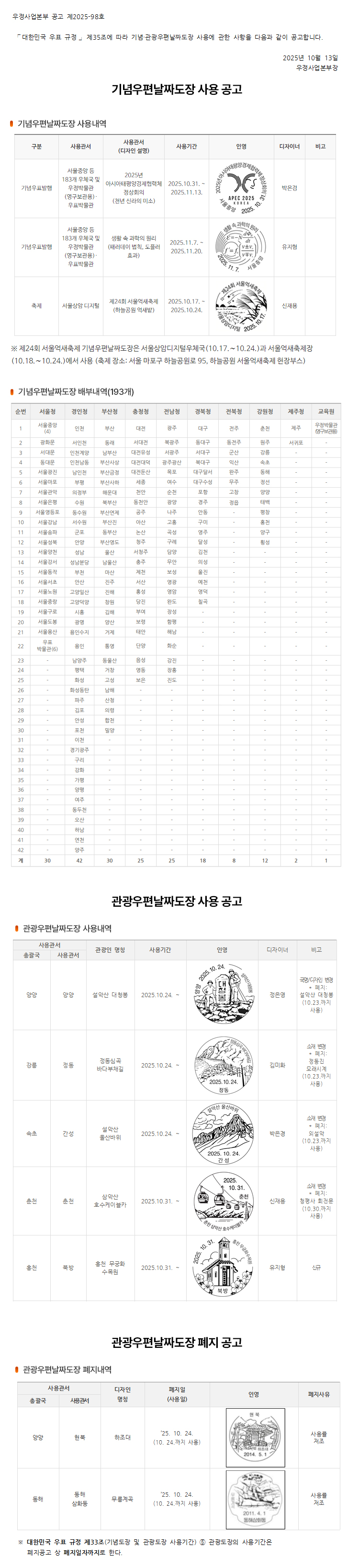 우정사업본부 공고 제2025-98호(기념 및 관광우편날짜도장 사용) 