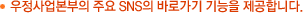 우정사업본부의 주요 SNS의 바로가기 기능을 제공합니다.