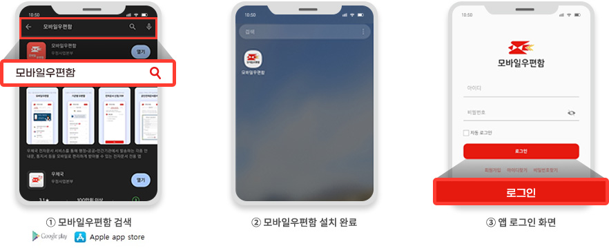 ① 모바일우편함 검색(Google play, Apple app store) ②모바일우편함 설치 완료 ③ 앱 로그인 화면